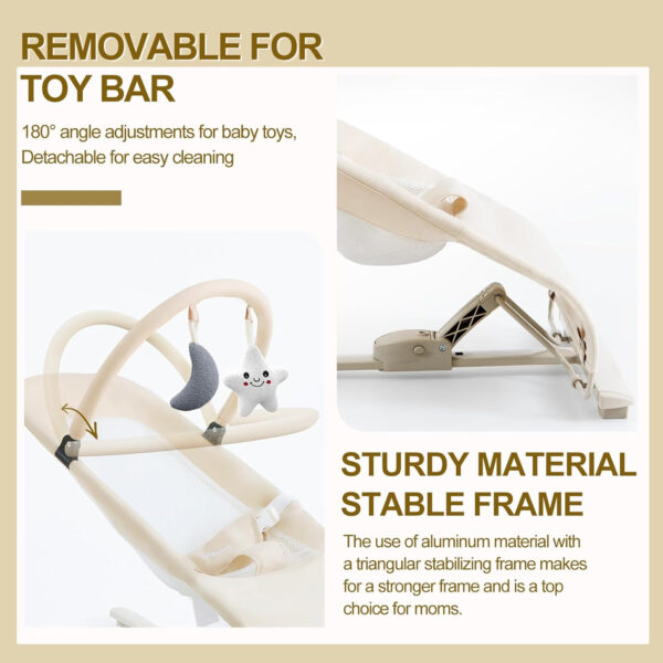 3-in-1 Portable Baby Bouncer & Rocker Chair for Newborn to Toddler - 4 Adjustable Recline Positions, Breathable Cotton Fabric, Natural Vibration, Supports Up to 33 lbs (Oatmeal Khaki)