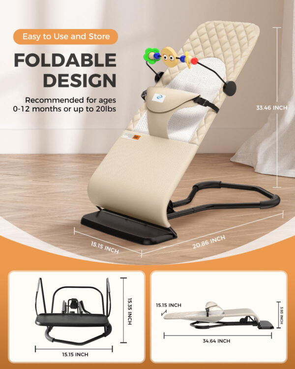 Bouncer Seat for Babies 0-12 Months, Baby Bouncer forBreathable and Comfortable Cushion, Three HeightAdjustments, Baby Rocker Portable Folding andDetachable, Ergonomic Baby Seat