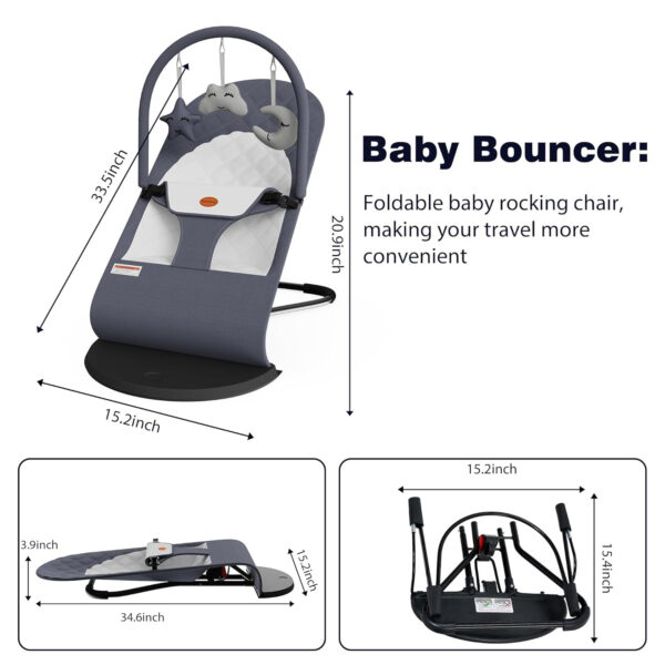 Portable Baby Bouncer Seat for Infants, 0-18 Months, 3 Modes of Use with Rocker & Stationary Options, Ergonomic Infant Chair with Hanging Toys, Baby Shower Gifts – Grey