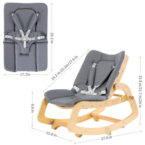 MallBest 3-in-1 Baby Bouncer Adjustable Wooden Rocker Chair Recliner with Removable Cushion and Seat Belt for Infant to Toddler (Grey)