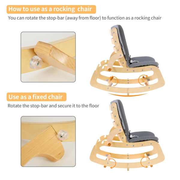 MallBest 3-in-1 Baby Bouncer Adjustable Wooden Rocker Chair Recliner with Removable Cushion and Seat Belt for Infant to Toddler (Grey)