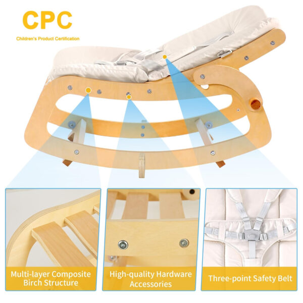 MallBest 3-in-1 Baby Bouncer Adjustable Wooden Rocker Chair Recliner with Removable Cushion and Seat Belt for Infant to Toddler (Grey)