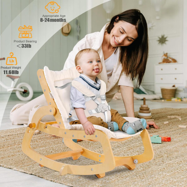 MallBest 3-in-1 Baby Bouncer Adjustable Wooden Rocker Chair Recliner with Removable Cushion and Seat Belt for Infant to Toddler (Grey)