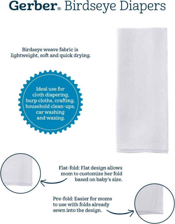 Gerber Unisex Baby Boys Girls Birdseye Prefold Cloth Diapers Multipack White 3-Ply 10 Pack