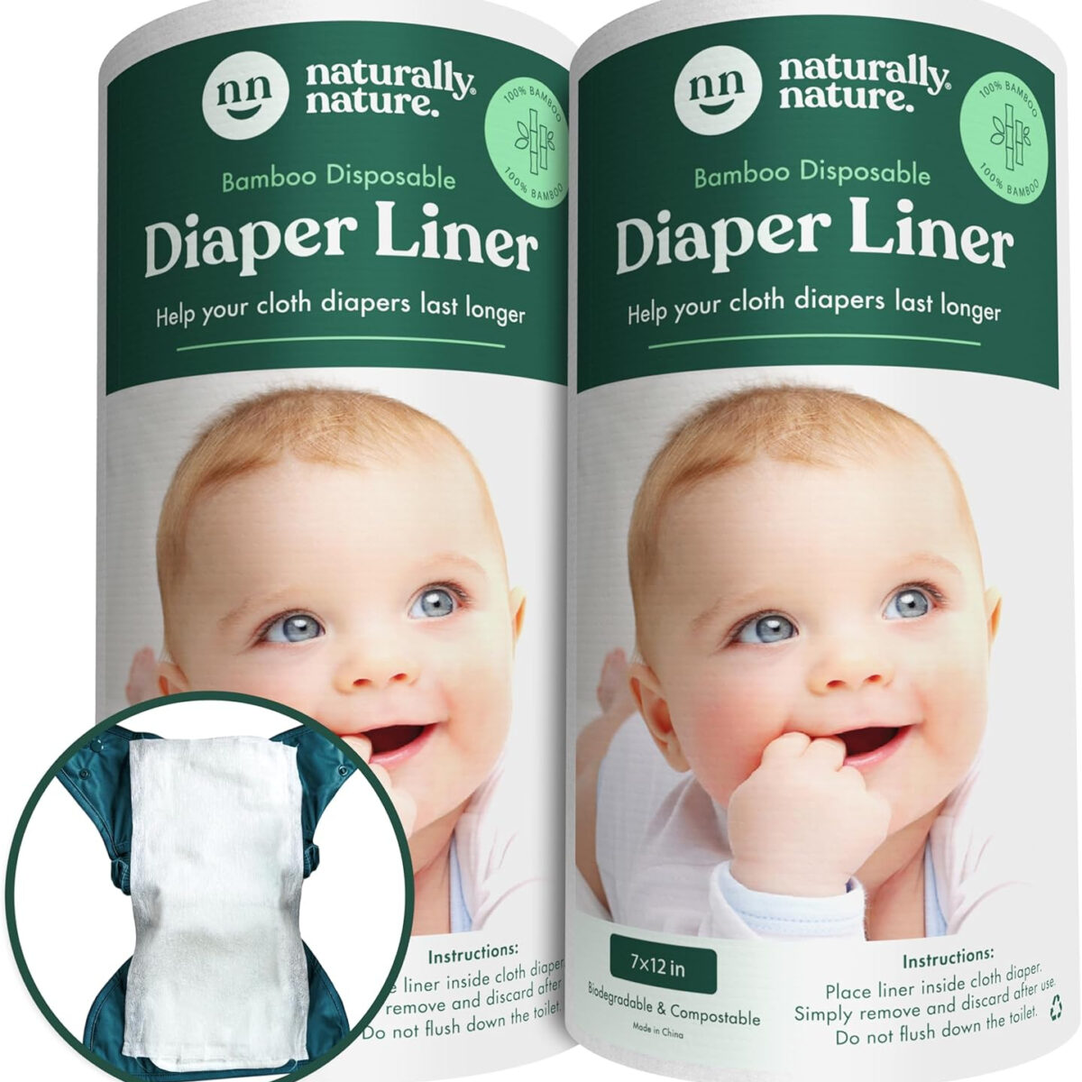 Naturally Nature Disposable Cloth Diaper Liners, Unscented, Fragrance-Free, Chlorine Free Diaper Inserts - 200 Count - (2 Rolls, 100 Sheets per Roll)