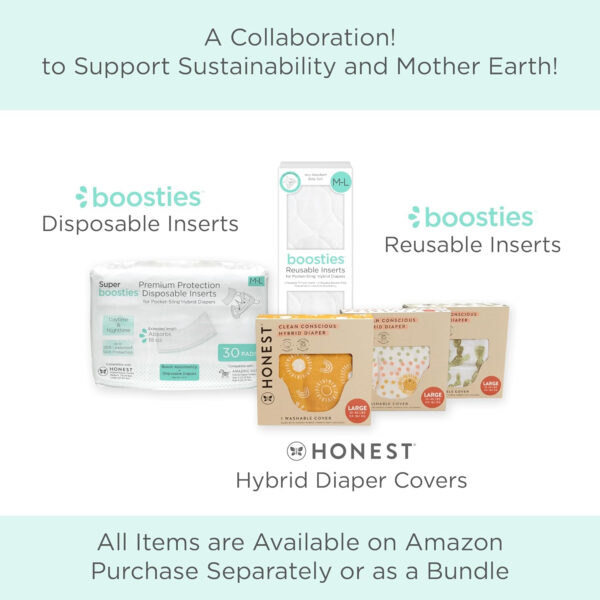 Honest Hybrid Cloth Diaper Covers with Pocket-Sling, Large (22-40 lbs), Stops Nighttime Leaks, Use with Boosties Disposable Diaper Pad or Reusable Insert, 3 Pack of Cotton Muslin Covers