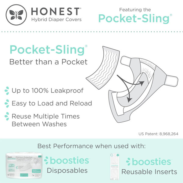 Honest Hybrid Cloth Diaper Covers with Pocket-Sling, Large (22-40 lbs), Stops Nighttime Leaks, Use with Boosties Disposable Diaper Pad or Reusable Insert, 3 Pack of Cotton Muslin Covers