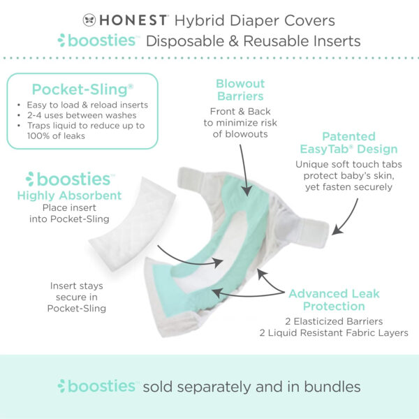 Honest Hybrid Cloth Diaper Covers with Pocket-Sling, Large (22-40 lbs), Stops Nighttime Leaks, Use with Boosties Disposable Diaper Pad or Reusable Insert, 3 Pack of Cotton Muslin Covers