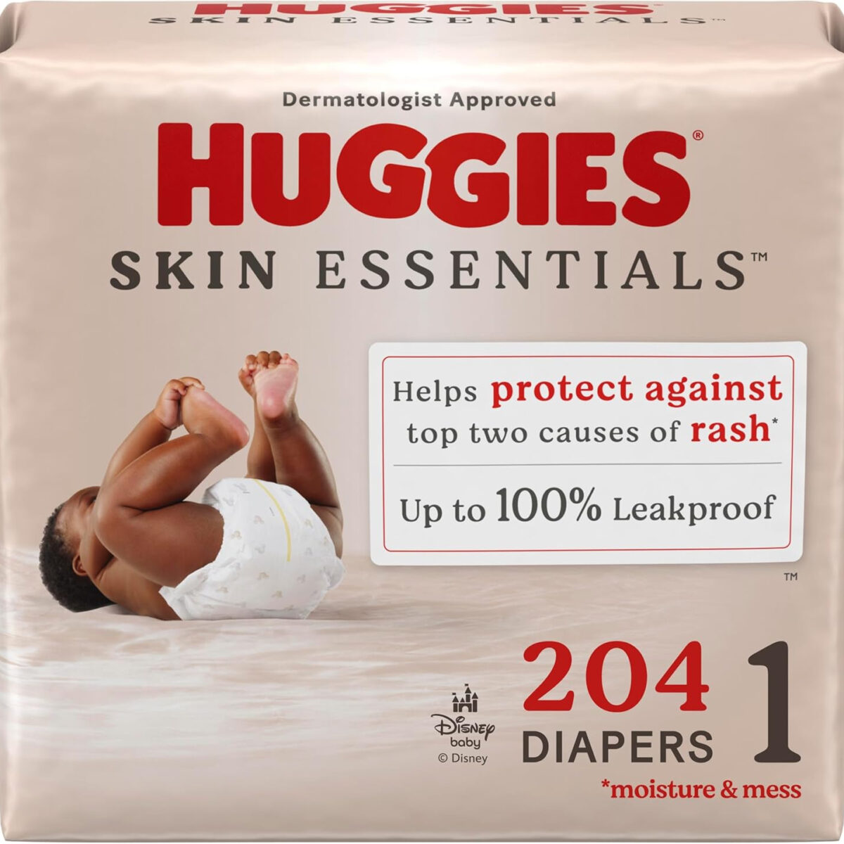 Huggies Size 1 Diapers, Skin Essentials Baby Diapers, Size 1 (8-14 lbs), 204 Count (3 Packs of 68), Packaging May Vary