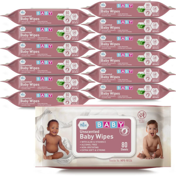 MED PRIDE Unscented Baby Wipes Bulk, 12 X 80 Ct 960 Wipes Total, Alcohol-Free, Aloe Vera & Vitamin E, Extra Soft & Strong, Paraben-Free, Non-Irritating