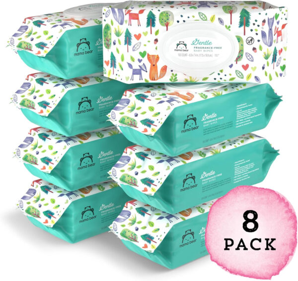 Amazon Brand - Mama Bear Gentle Fragrance Free Baby Wipes, Hypoallergenic, Sensitive Skin, Unscented, 800 Count (8 Packs of 100)