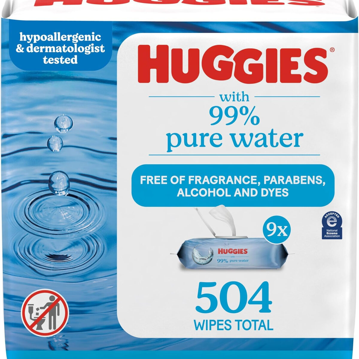 Huggies 99% Pure Water Baby Wipes, Unscented, 9 flip-top packs (3 Packs of 3), 504 Wipes Total, Packaging May Vary