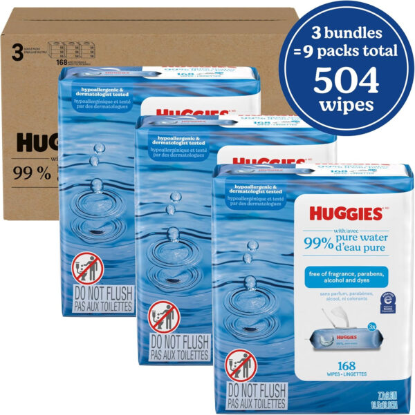 Huggies 99% Pure Water Baby Wipes, Unscented, 9 flip-top packs (3 Packs of 3), 504 Wipes Total, Packaging May Vary