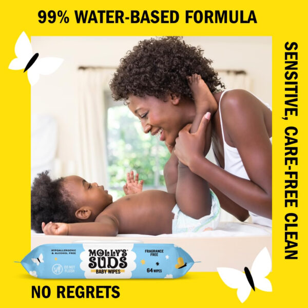 Molly's Suds Sensitive Clean Baby Wipes | 99% Water, Plant-Based, Fragrance Free | 384 Total Wipes (6 Flip-Top Packs)