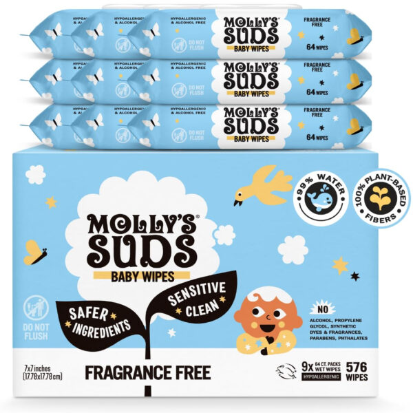 Molly's Suds Sensitive Clean Baby Wipes | 99% Water, Plant-Based, Fragrance Free | 384 Total Wipes (6 Flip-Top Packs)