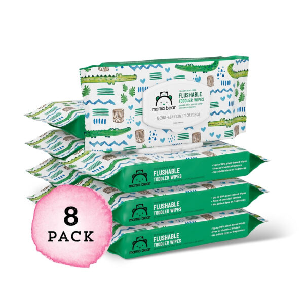 Amazon Brand - Mama Bear Fragrance Free Hypoallergenic Flushable Toddler Toilet Wipes, 336 Count (8 Packs of 42)
