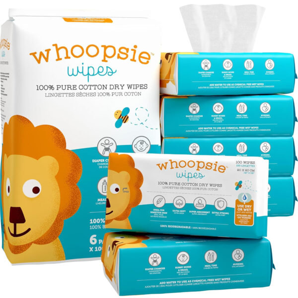 100% Pure Cotton Dry Wipes | 600 Count | Use Wet or Dry | Soft & Sensitive | Hypoallergenic | Extra Strong & Absorbent | Perfect for Diaper Changes, Runny Noses, Drool, Meal Time & Nursing