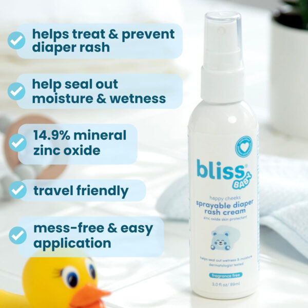 688a7ca185e13765a18db87aaa4e379ee2bccca67bdb241c75e78.jpg Bliss Baby Diaper Rash Cream Spray - Fragrance-Free, No Touch & Mess-Free, Treats, Soothes & Prevents Diaper Rash, Zinc Oxide, Dermatologist Tested, Vegan, Organic Aloe Vera, Shea Butter & Olive Oil