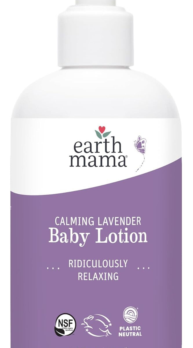Earth Mama Calming Lavender Baby Lotion for Dry Skin, Calendula Cream for Newborn Skin Care, Organic Moisturizer for Children with Aloe Juice, Rooibos, & Shea Butter, Lavender Lotion, 8 Fl Oz