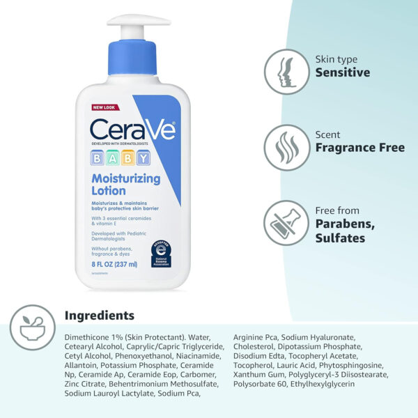 CeraVe Baby Lotion, Gentle Baby Skin Care with Ceramides, Niacinamide & Vitamin E, Fragrance, Paraben, Dye & Phthalates Free, Lightweight Moisturizer, 8 Ounce, Packaging May Vary