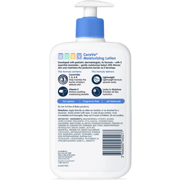 CeraVe Baby Lotion, Gentle Baby Skin Care with Ceramides, Niacinamide & Vitamin E, Fragrance, Paraben, Dye & Phthalates Free, Lightweight Moisturizer, 8 Ounce, Packaging May Vary