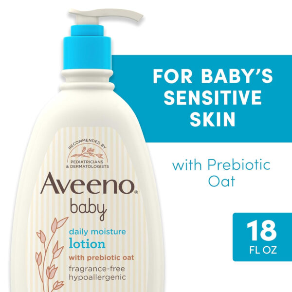 Aveeno Baby Daily Moisture Body Lotion for Sensitive Skin, Hypoallergenic Moisturizing Baby Lotion with Nourishing Oatmeal to Deeply Moisturize Baby's Skin, Fragrance-Free, 18 fl. oz
