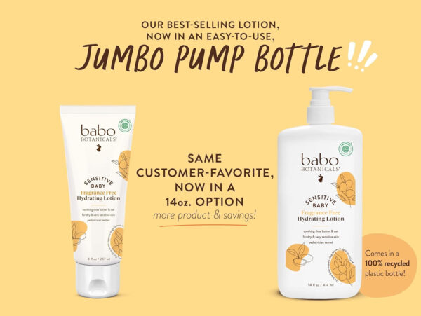 BABO Botanicals Sensitive Baby Fragrance-Free Daily Hydrating Baby Lotion - Shea Butter & Jojoba Oil - for Body & face - for Babies, Kids & Adults with Sensitive Skin - EWG Verified - Vegan