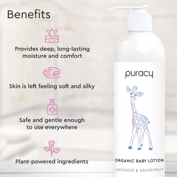 Puracy Organic Baby Lotion, Organic Eczema Moisturizer for Infants and Newborns, Natural Kids Body Lotion for Sensitive Skin, Gentle Calming Lavender & Grapefruit Essential Oils, 8 Ounce