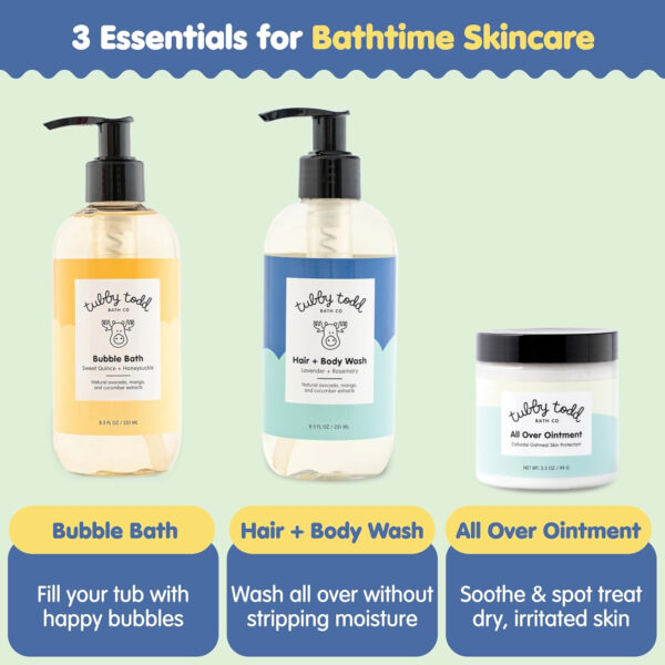 TUBBY TODD Essentials Baby Bath Gift Set – 8.5oz Hair+Body Wash, 8.5oz Bubble Bath & 3.5oz All Over Ointment