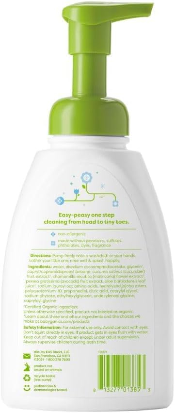 Babyganics Baby Shampoo + Body Wash Pump Bottle, Fragrance Free, 16oz, 3 Pack