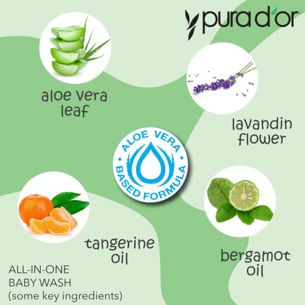 PURA D'OR 16 Oz All-in-One Calming Baby Wash & Shampoo For Hair & Entire Body, Tear Free, Sulfate Free, Natural Aloe Vera, USDA Biobased Gentle Formula