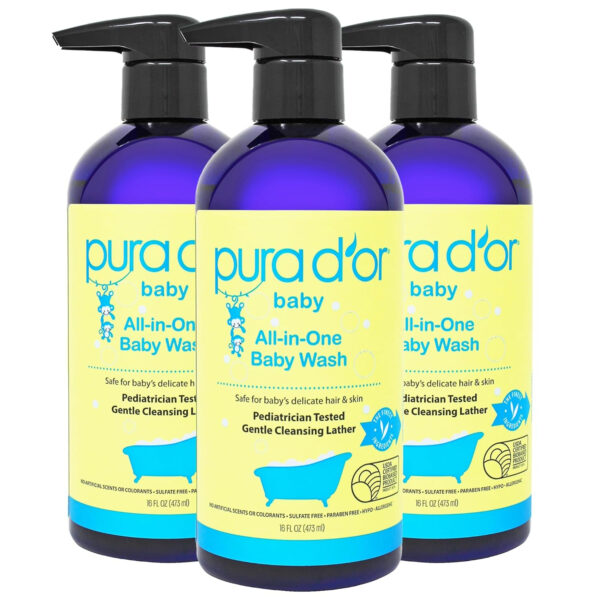 PURA D'OR 16 Oz All-in-One Calming Baby Wash & Shampoo For Hair & Entire Body, Tear Free, Sulfate Free, Natural Aloe Vera, USDA Biobased Gentle Formula