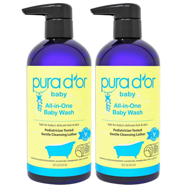 PURA D'OR 16 Oz All-in-One Calming Baby Wash & Shampoo For Hair & Entire Body, Tear Free, Sulfate Free, Natural Aloe Vera, USDA Biobased Gentle Formula