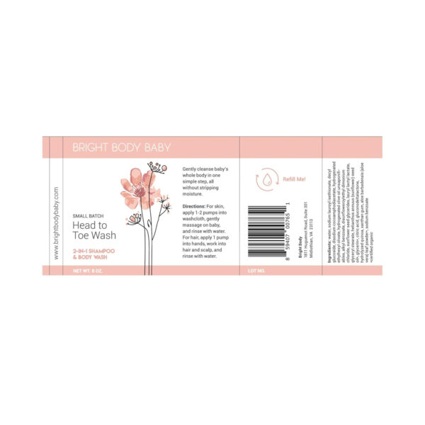 Bright Body Baby Head To Toe Wash 8 oz | Gentle Baby Shampoo And Body Wash For Sensitive Skin | Natural Ingredients | Unscented Non Toxic | Vegan, Cruelty-Free