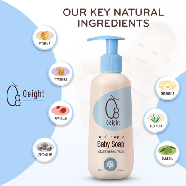 688a867d41ecf6b0a2bfba2bfaf9490ea58c7afd549b927d6f2ac.jpg Oeight Baby Body Wash, 100% Natural Active Ingredients Sensitive Skin Baby Wash with Aloe Vera, Chamomile, Olive Oil & Provitamin B5, Dermatologically & Hypoallergenic Tested Mild Foaming Soap, 200ml