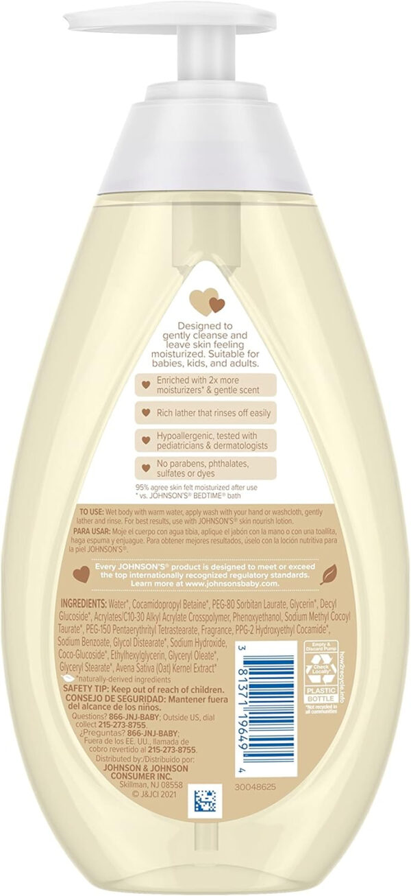 688a88a7af3cc68df17ff73f3c7d17a0c3600b3fc0452e724b99a.jpg Johnson's Skin Nourishing Moisture Baby Body Wash With Vanilla & Oat Scents, Hypoallergenic & Tear Free Baby Bath Wash, Paraben-, Dye-, Sulfate & Phthalate-Free, 20.3 fl. oz