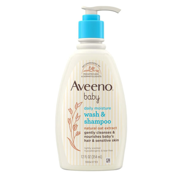 Aveeno Baby Daily Moisture Gentle Body Wash & Shampoo with Oat Extract, 2-in-1 Baby Bath Wash & Hair Shampoo, Tear- & Paraben-Free for Hair & Sensitive Skin, Lightly Scented, 18 fl. oz