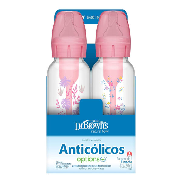 Dr. Brown's Natural Flow Anti-Colic Options+ Narrow Baby Bottle, 8 oz/250 mL, with Level 1 Slow Flow Nipples, 0m+, 4 Pack