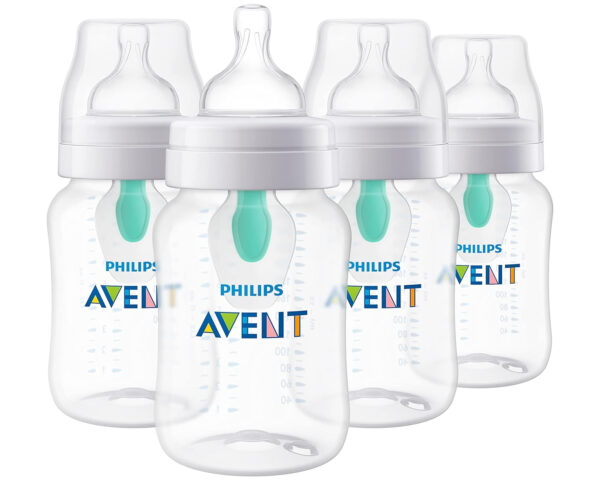 Philips Avent Anti-Colic Baby Bottle with AirFree Vent, 9oz, with Flow 2 Nipples, 1m+, 4pk, Clear, SCY703/04
