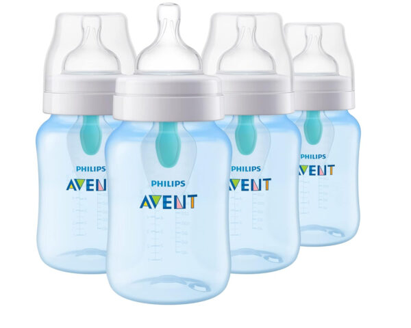 Philips Avent Anti-Colic Baby Bottle with AirFree Vent, 9oz, with Flow 2 Nipples, 1m+, 4pk, Clear, SCY703/04