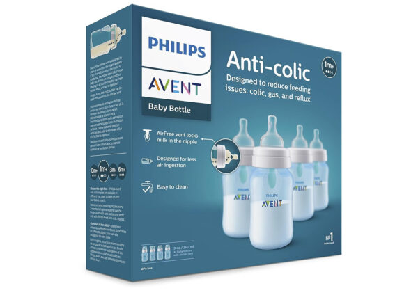 Philips Avent Anti-Colic Baby Bottle with AirFree Vent, 9oz, with Flow 2 Nipples, 1m+, 4pk, Clear, SCY703/04