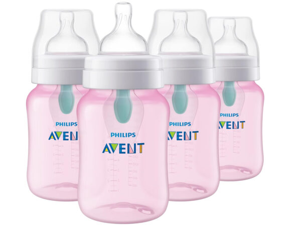 Philips Avent Anti-Colic Baby Bottle with AirFree Vent, 9oz, with Flow 2 Nipples, 1m+, 4pk, Clear, SCY703/04
