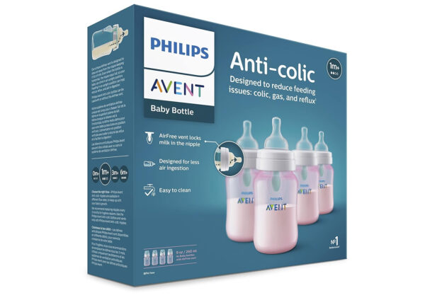 Philips Avent Anti-Colic Baby Bottle with AirFree Vent, 9oz, with Flow 2 Nipples, 1m+, 4pk, Clear, SCY703/04