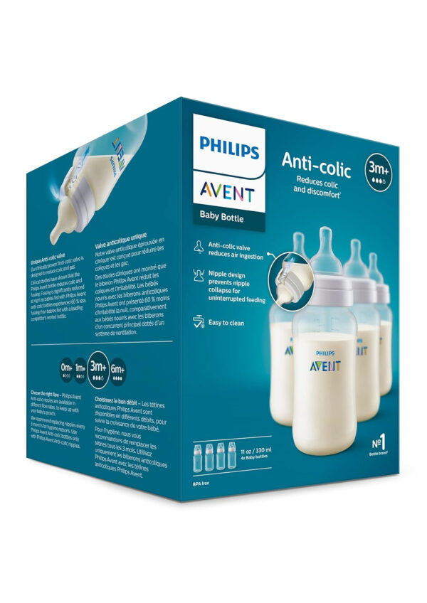 Philips Avent Anti-Colic Baby Bottle with AirFree Vent, 9oz, with Flow 2 Nipples, 1m+, 4pk, Clear, SCY703/04
