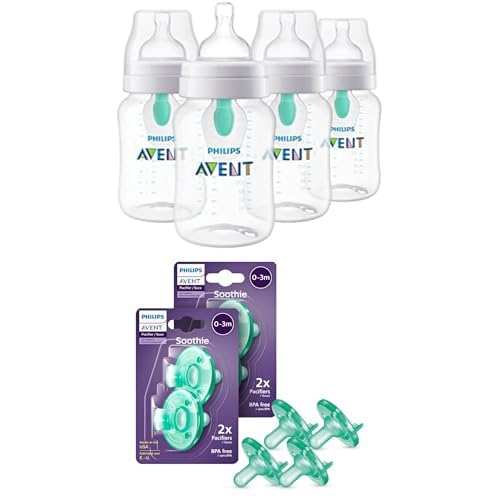 Philips Avent Anti-Colic Baby Bottle with AirFree Vent, 9oz, with Flow 2 Nipples, 1m+, 4pk, Clear, SCY703/04