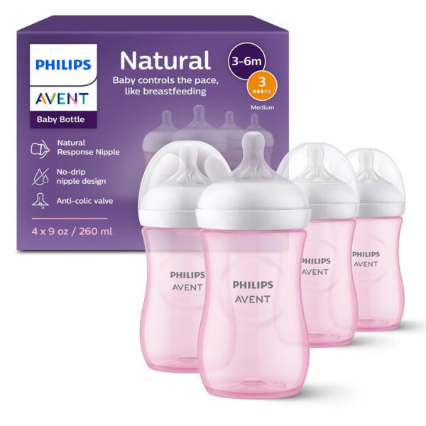 Philips Avent Natural Baby Bottles with Natural Response Nipples (Medium Flow, Flow 3), 9oz, 4-Pack, SCY903/04
