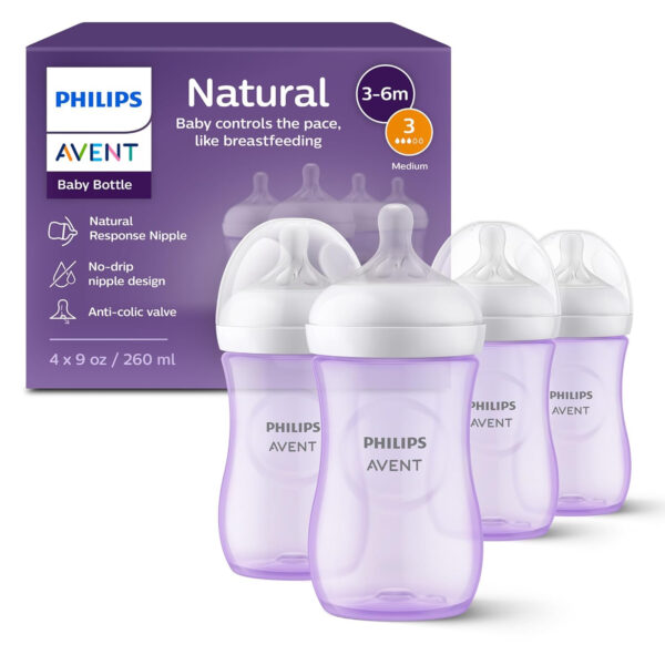 Philips Avent Natural Baby Bottles with Natural Response Nipples (Medium Flow, Flow 3), 9oz, 4-Pack, SCY903/04