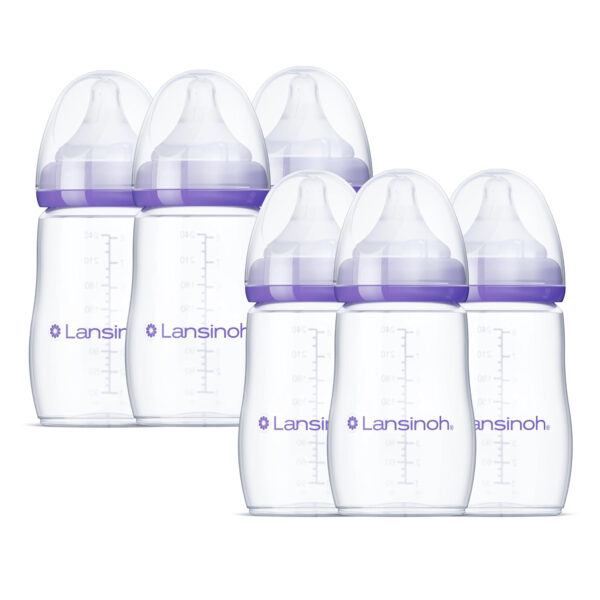 Lansinoh Anti-Colic Baby Bottles for Breastfeeding Babies, 8 Ounces, 3 Count, Includes 3 Medium Flow Nipples, Size M