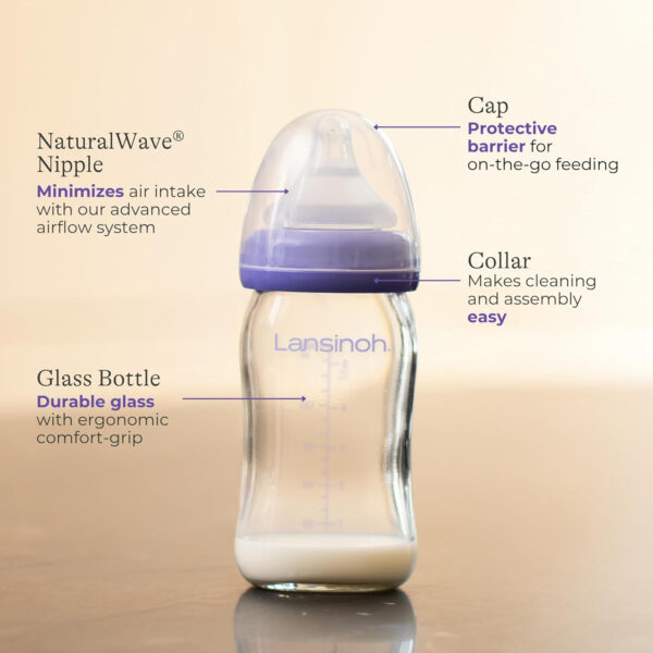 Lansinoh Anti-Colic Glass Baby Bottles, 5 Ounces, 4 Count Bottles for Feeding, Baby Essentials, Includes 4 Slow Flow Nipples, Size S