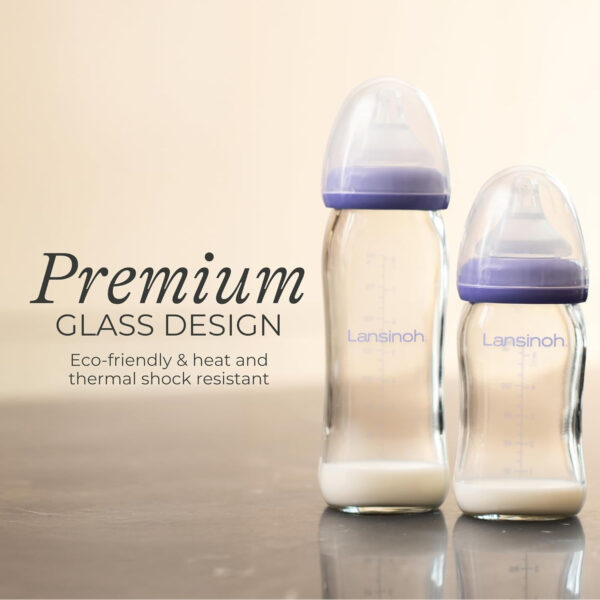 Lansinoh Anti-Colic Glass Baby Bottles, 5 Ounces, 4 Count Bottles for Feeding, Baby Essentials, Includes 4 Slow Flow Nipples, Size S